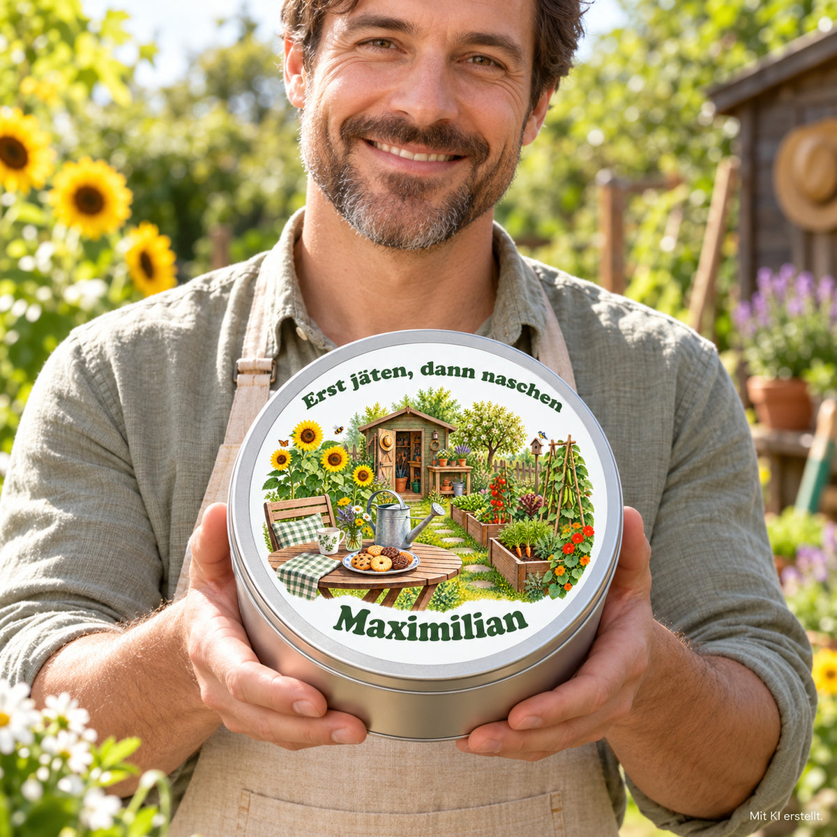 Gärtner hält eine personalisierte Keksdose mit Hochbeeten und Sonnenblumen vor sich im Garten.
