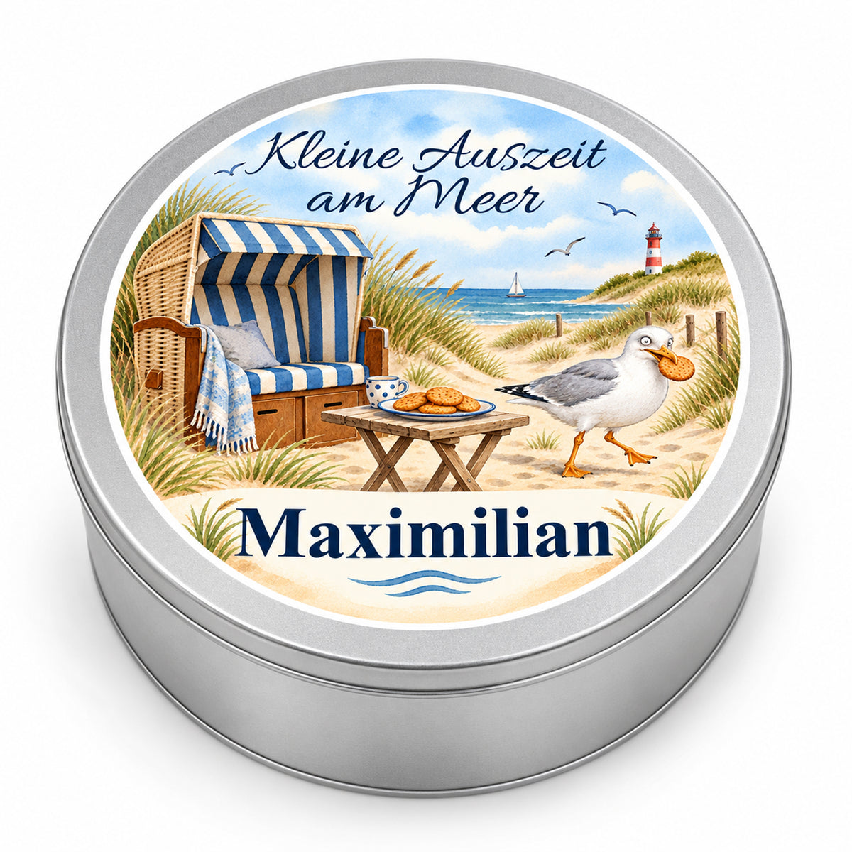 Silberne Keksdose mit personalisiertem Deckel und maritimem Strandkorb-Keksdieb-Motiv