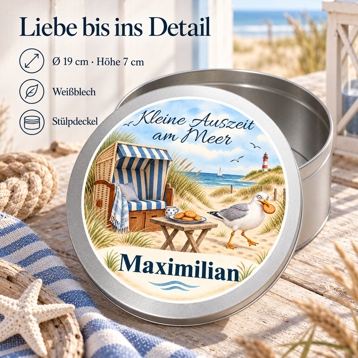 Keksdose mit Strandkorb-Keksdieb-Motiv und Angaben zu Material, Größe und Deckel