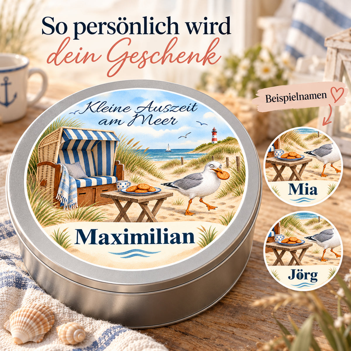 Keksdose mit dem Motiv Strandkorb-Keksdieb mit Wunschname und zusätzlichen Namensbeispielen