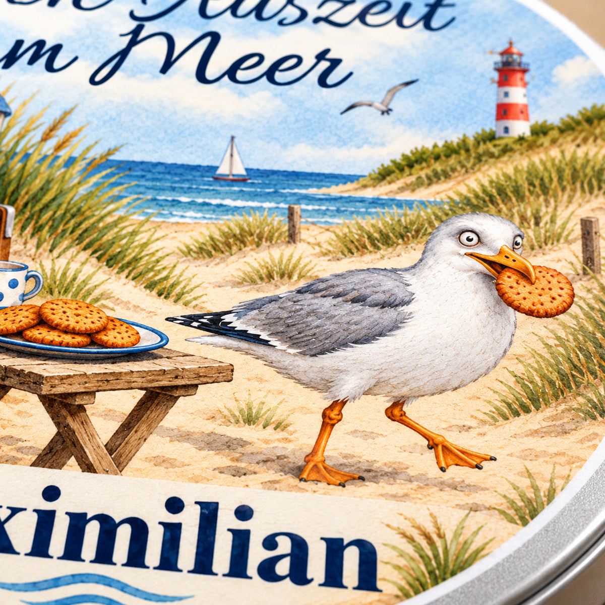 Detail des gedruckten Küstenmotivs Strandkorb-Keksdieb und des metallischen Deckelrands