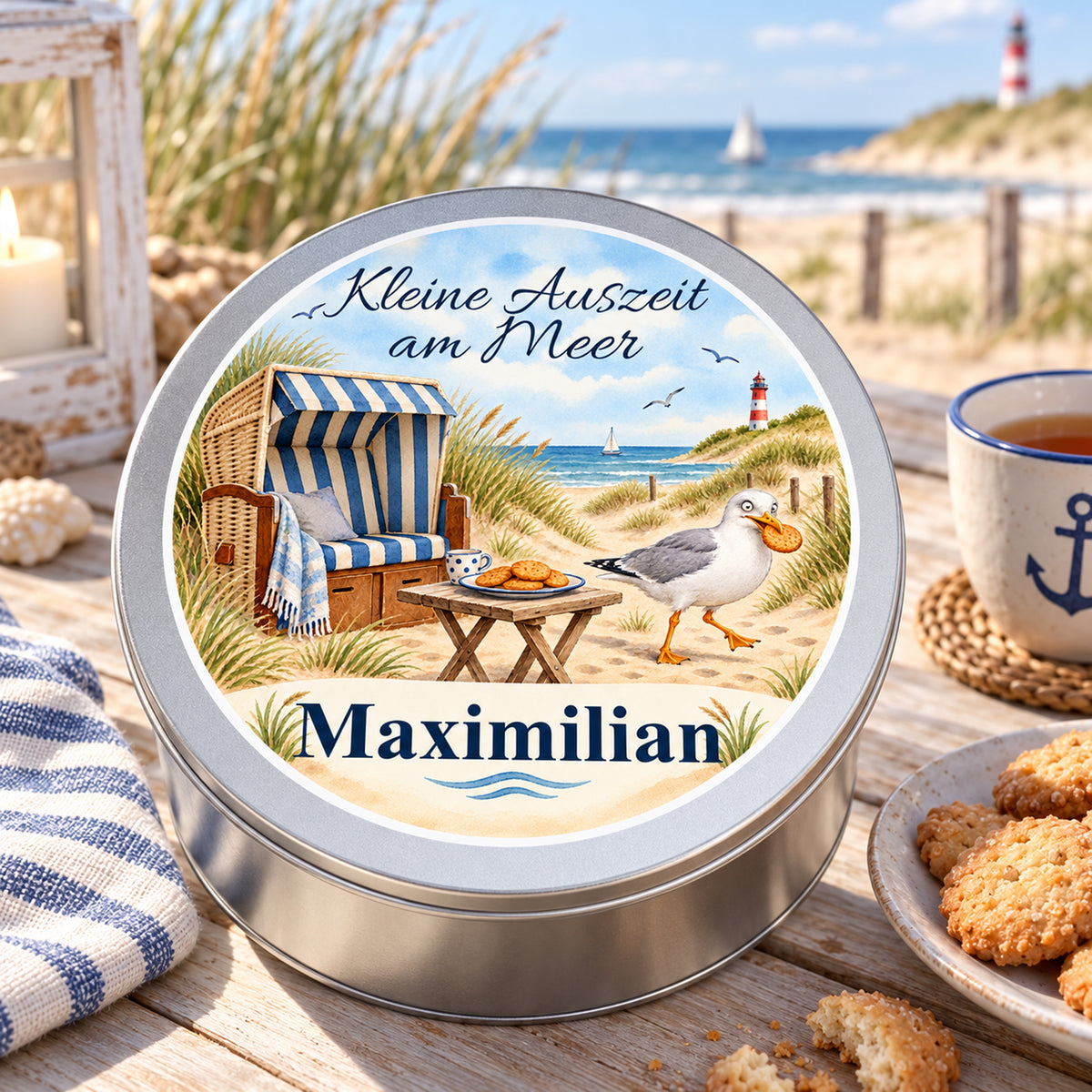 Maritime Keksdose mit Strandkorb-Keksdieb-Motiv als Geschenkidee für Küstenfans