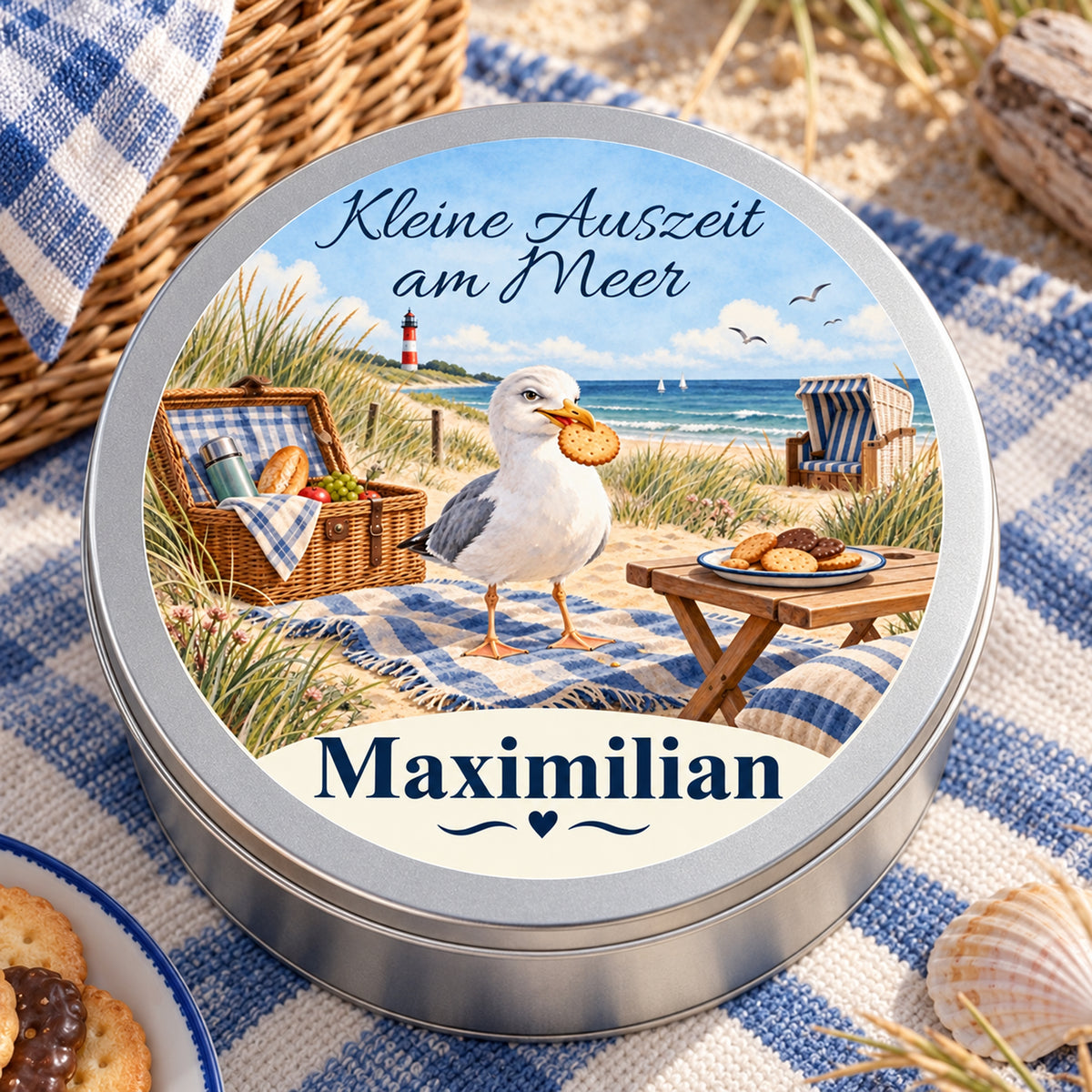 Deckelansicht der personalisierten Keksdose mit dem Motiv Dünenpicknick