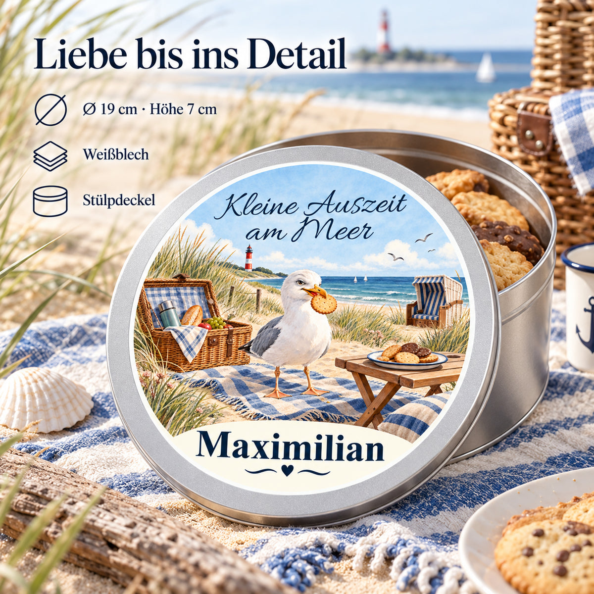 Keksdose mit Dünenpicknick-Motiv und Angaben zu Material, Größe und Deckel