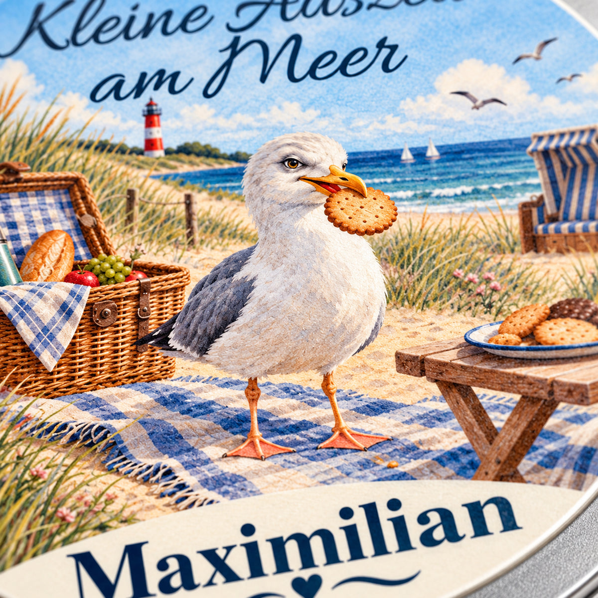 Detail des gedruckten Küstenmotivs Dünenpicknick und des metallischen Deckelrands