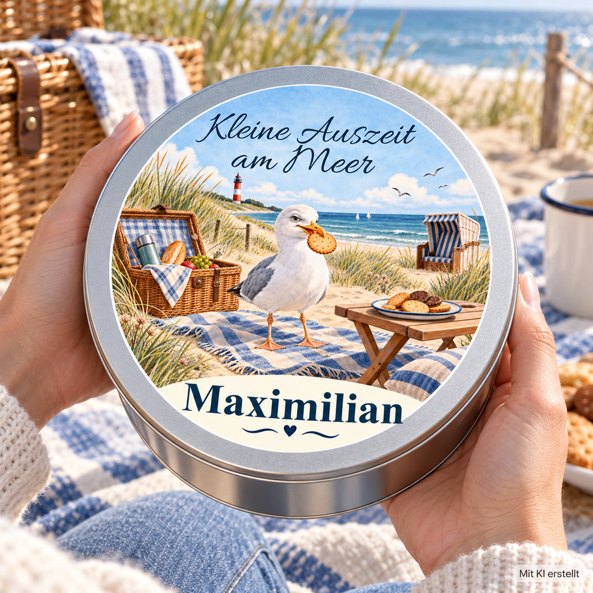 Hände zeigen die personalisierte Keksdose mit Dünenpicknick-Motiv in maritimer Umgebung