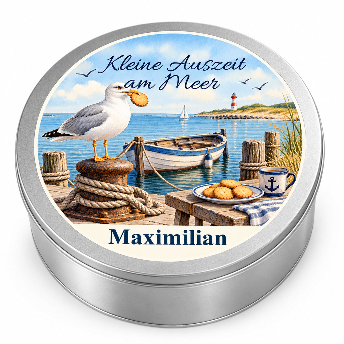 Silberne Keksdose mit personalisiertem Deckel und maritimem Hafen-Keks-Kapitän-Motiv