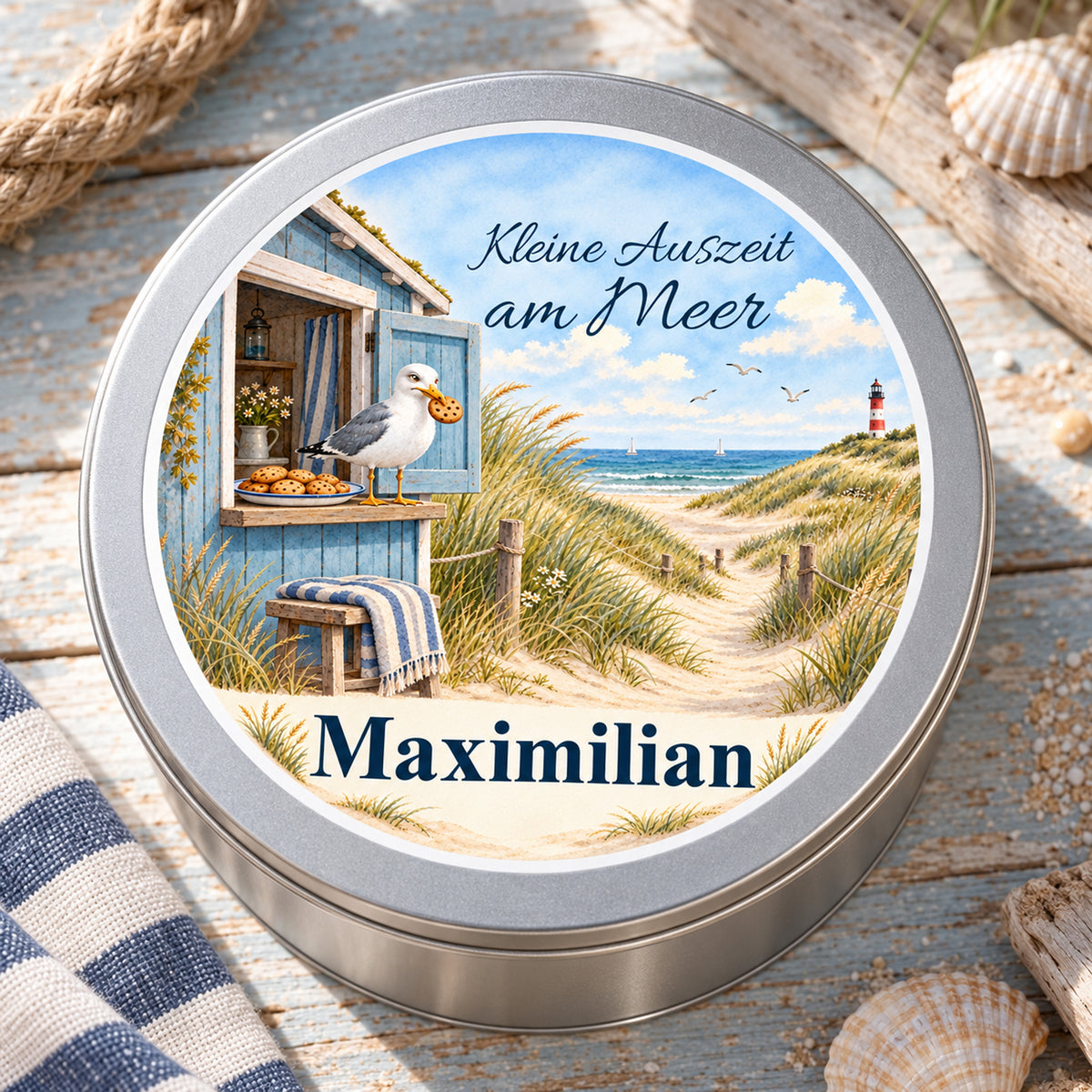 Deckelansicht der personalisierten Keksdose mit dem Motiv Strandhäuschen-Kekspause