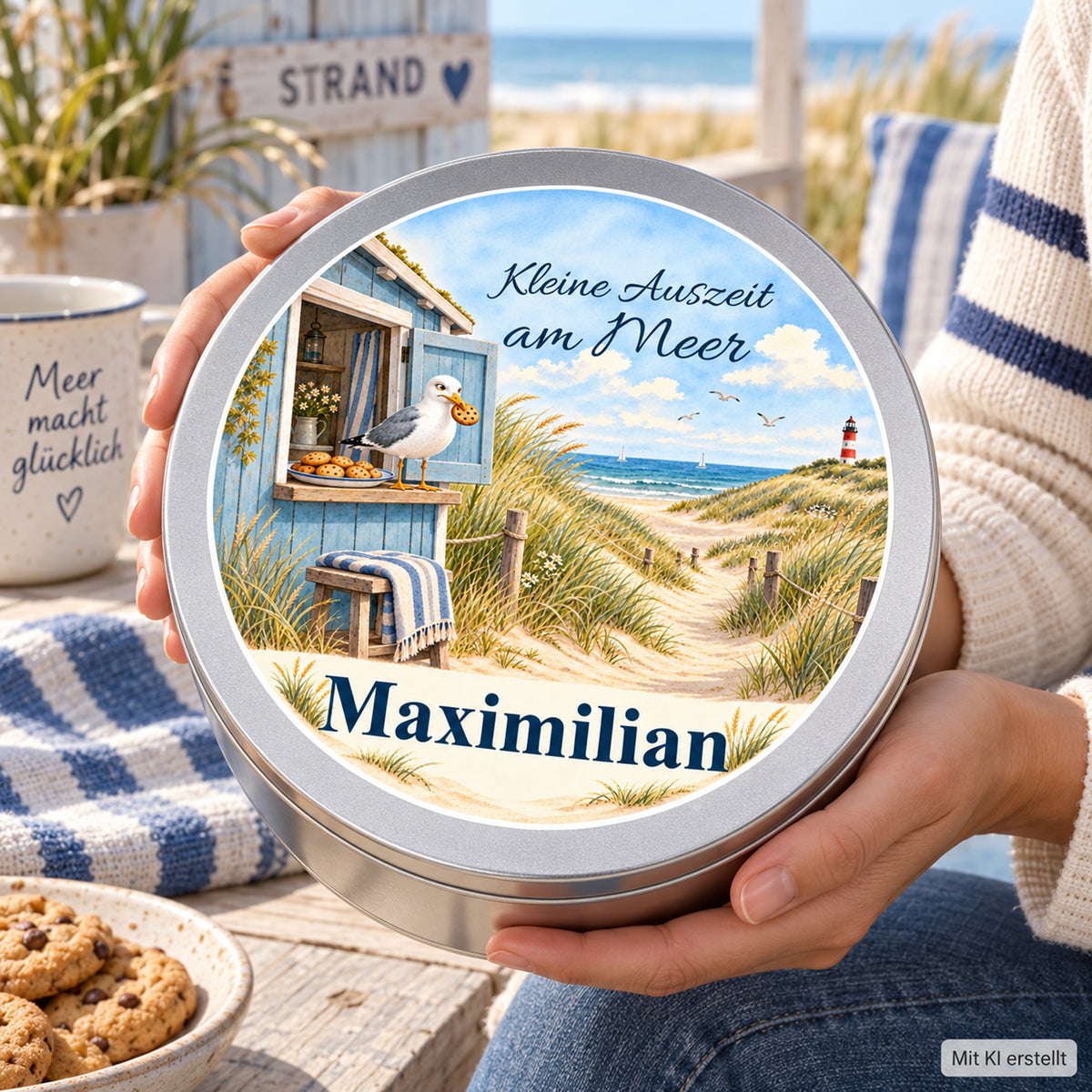 Hände zeigen die personalisierte Keksdose mit Strandhäuschen-Kekspause-Motiv in maritimer Umgebung
