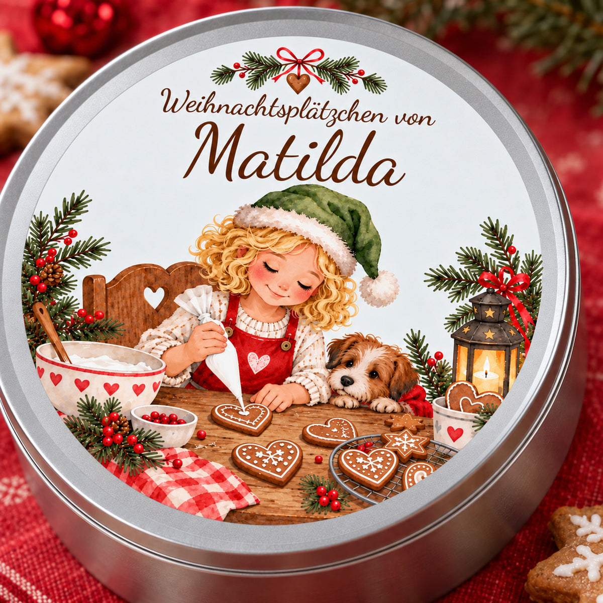 Runde personalisierte Keksdose mit Weihnachtsbäckerin beim Verzieren von Herzplätzchen und kleinem Hund in Nahansicht.