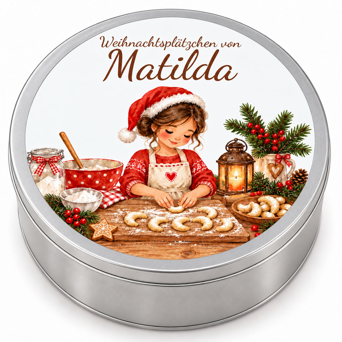 Runde personalisierte Keksdose mit Weihnachtsbäckerin beim Formen von Vanillekipferln.