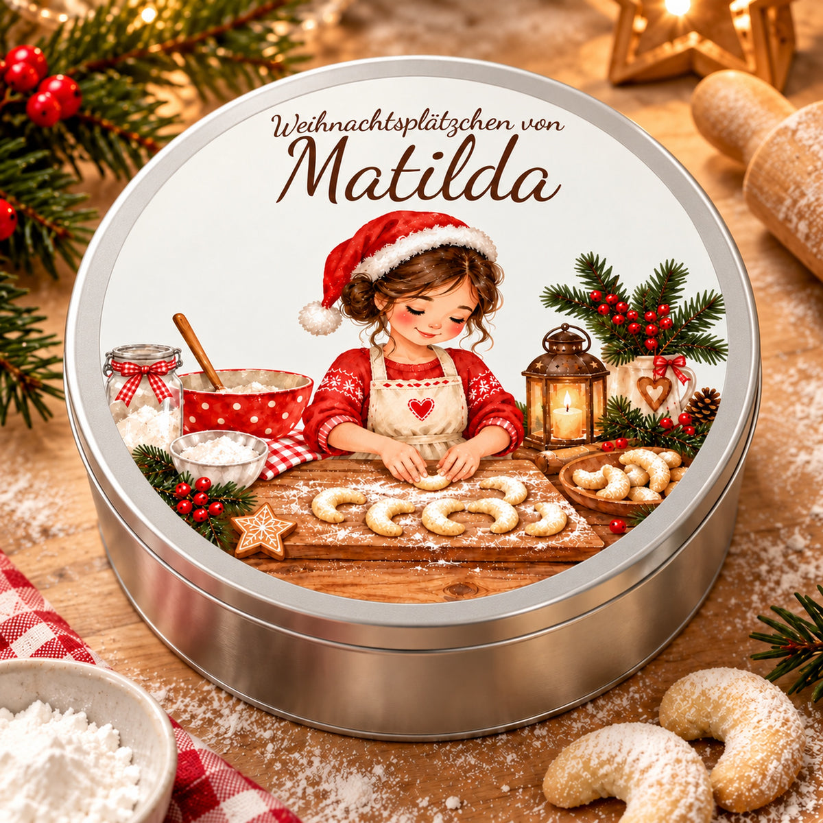 Detail des bedruckten Keksdosendeckels mit Weihnachtsbäckerin beim Vanillekipferlformen und Wunschname.