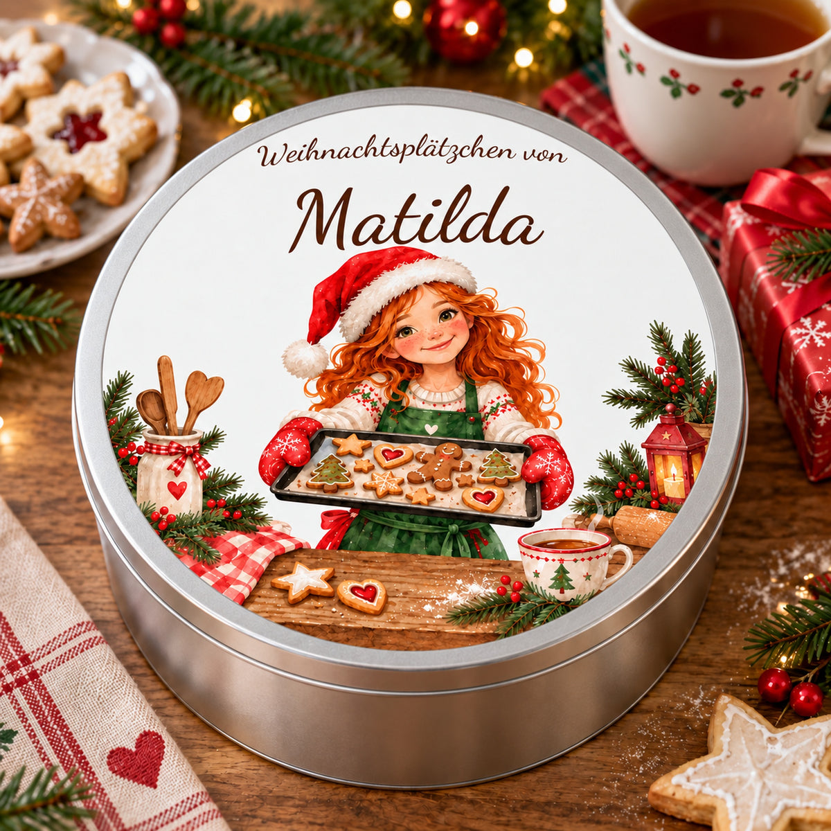 Personalisierbare Keksdose mit Weihnachtsbäckerin beim Präsentieren eines Plätzchenblechs in gemütlicher weihnachtlicher Umgebung.