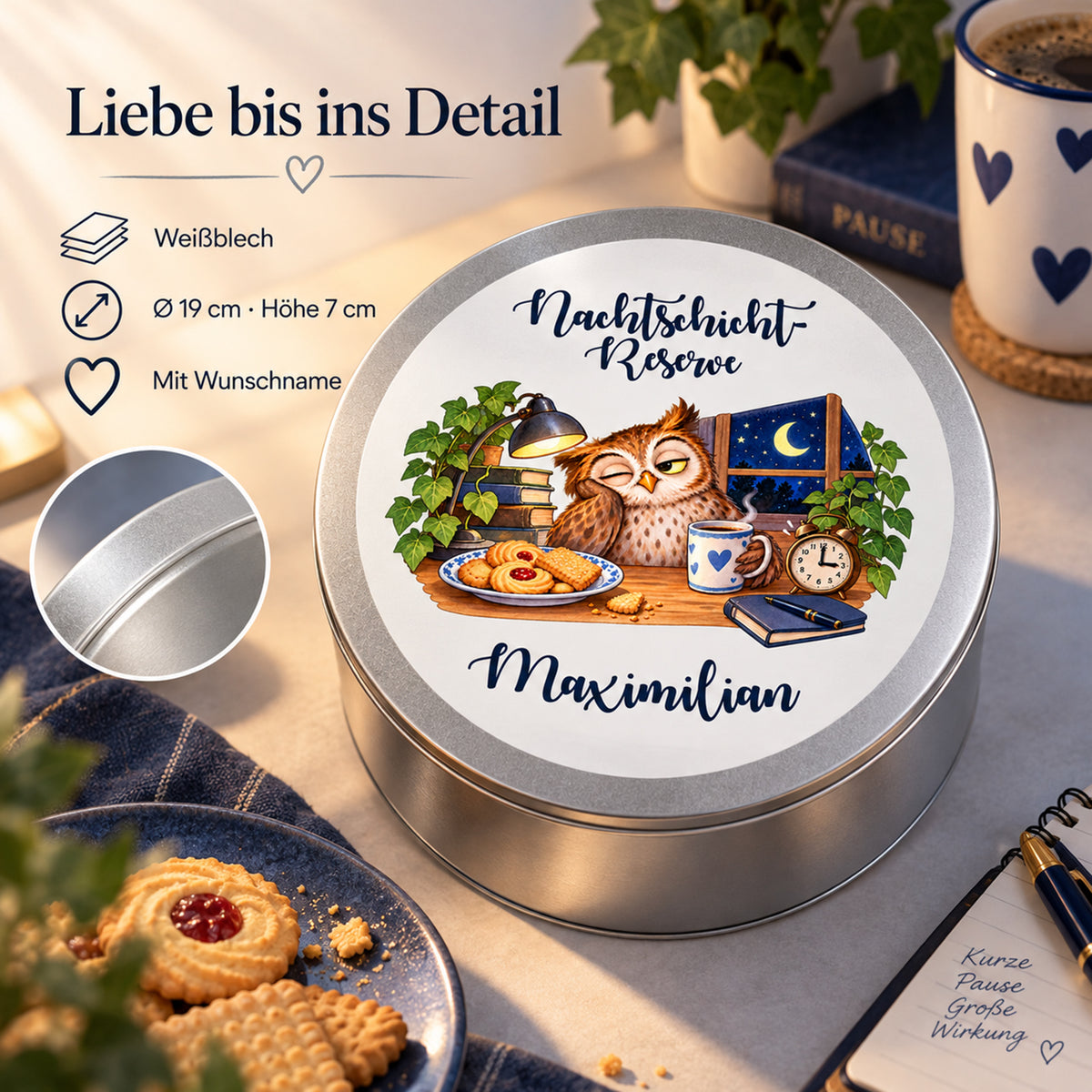 Keksdose Nachtschicht-Reserve – Am Schreibtisch: Produktdetails zu Weißblech, 19 cm Durchmesser, 7 cm Höhe und Wunschname