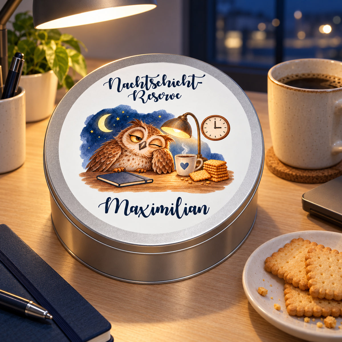 Keksdose Nachtschicht-Reserve – Licht an – Keks her: Keksdose mit einer Tasse und Keksen am Pausenplatz