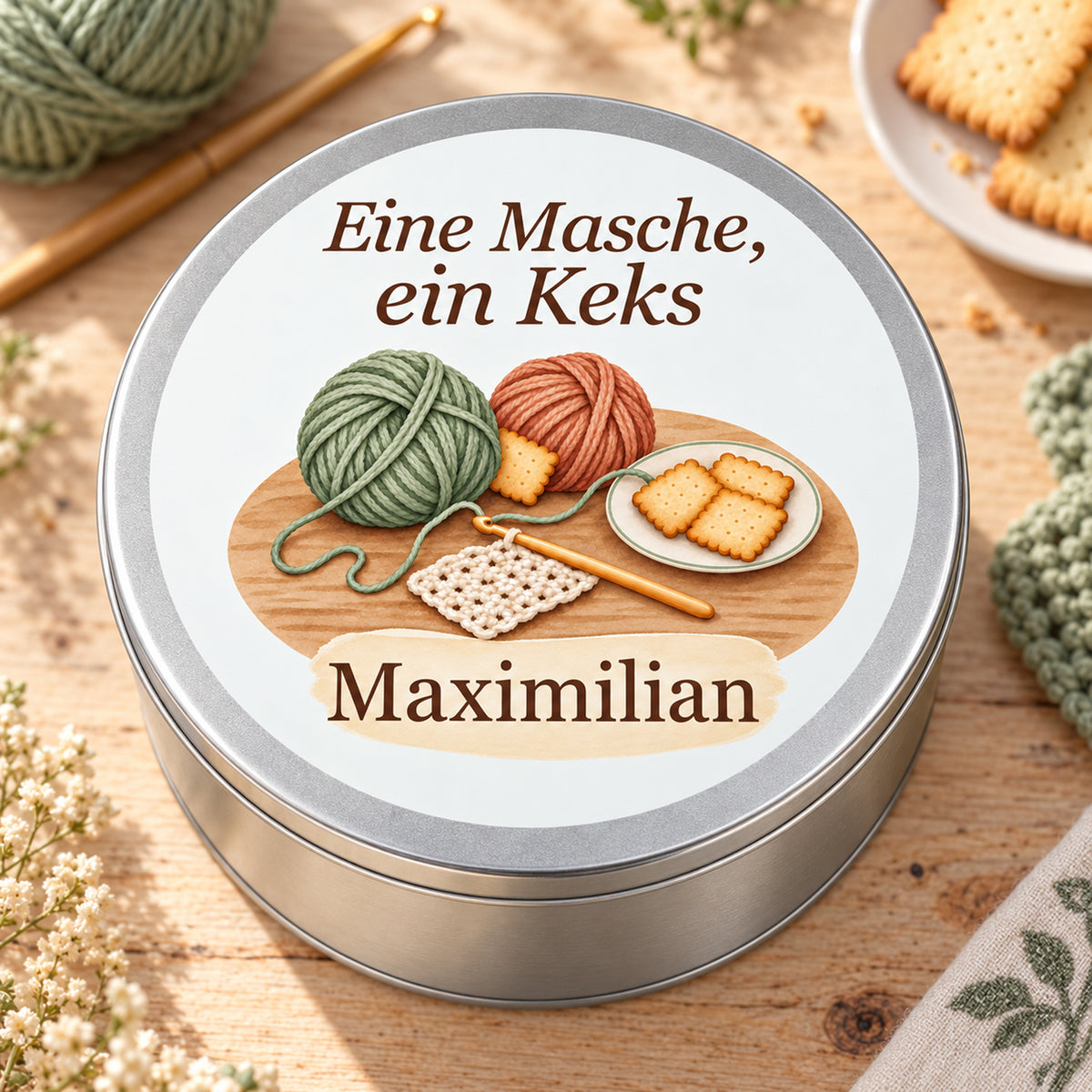 Draufsicht auf die Keksdose mit Wollknäueln, Häkelnadel und Keksteller in einer hellen Häkelszene.