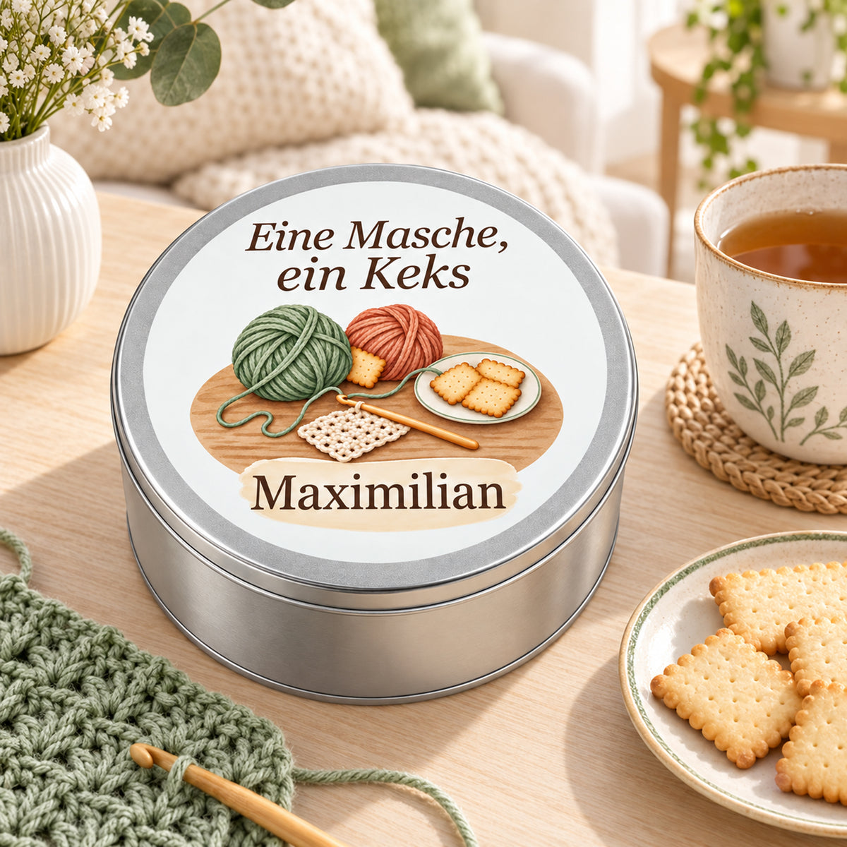 Geschlossene Keksdose mit Häkelmotiv und Namensfeld neben Tasse, Keksen und Häkelmaterial.