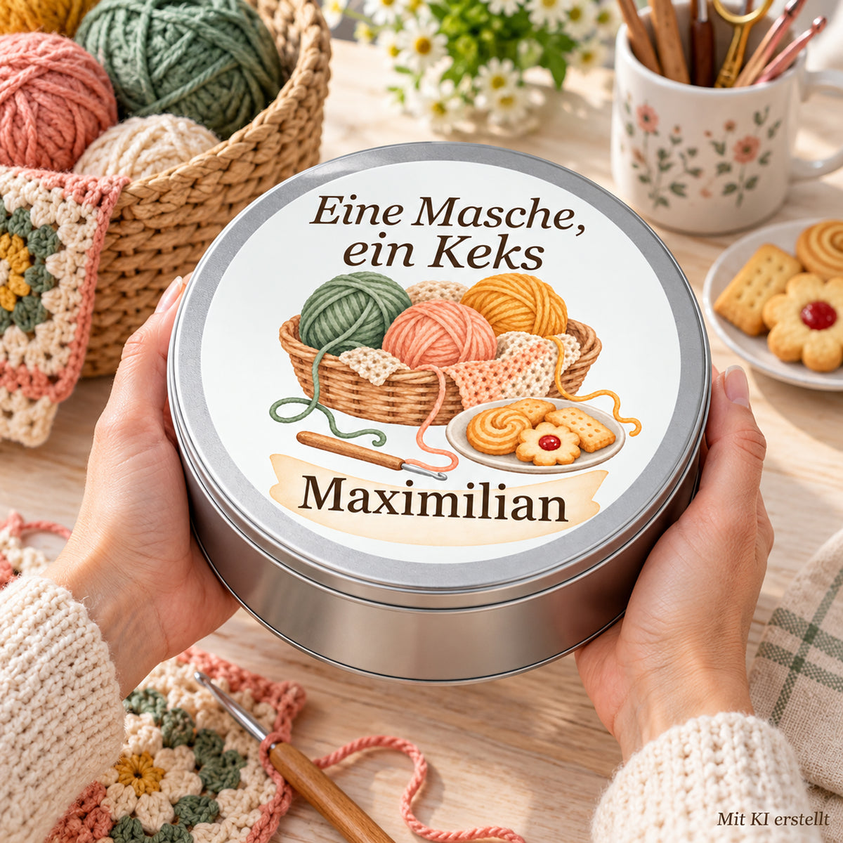 Erwachsene Hände halten die Keksdose mit Häkelmotiv und Namensfeld; Hinweis „Mit KI erstellt“.