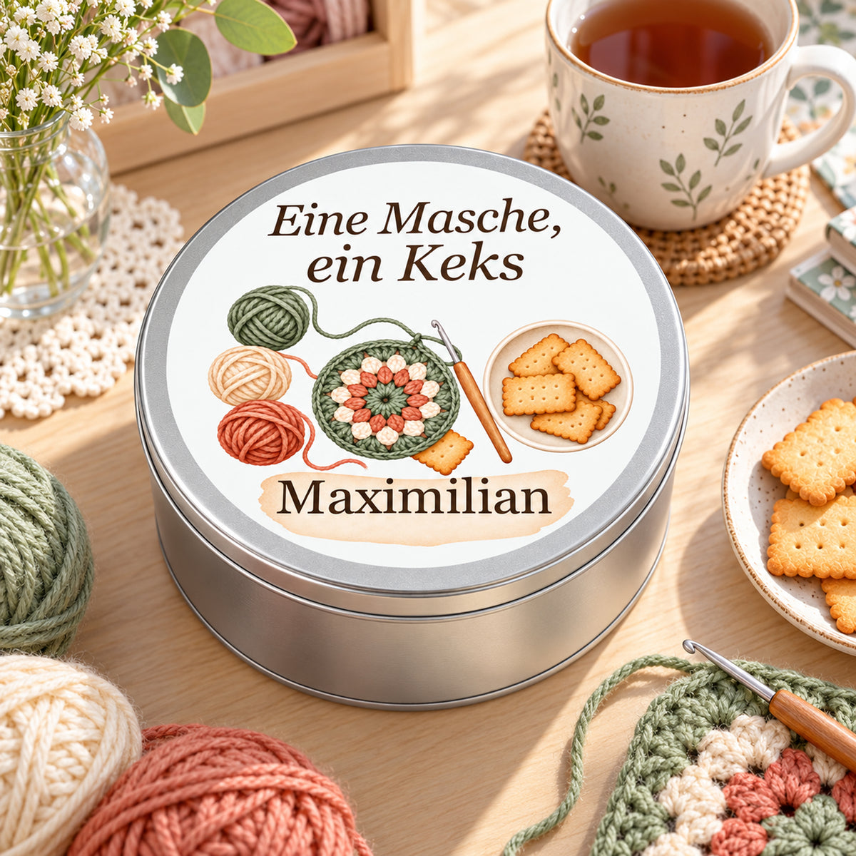 Geschlossene Keksdose mit Häkelmotiv und Namensfeld neben Tasse, Keksen und Häkelmaterial.