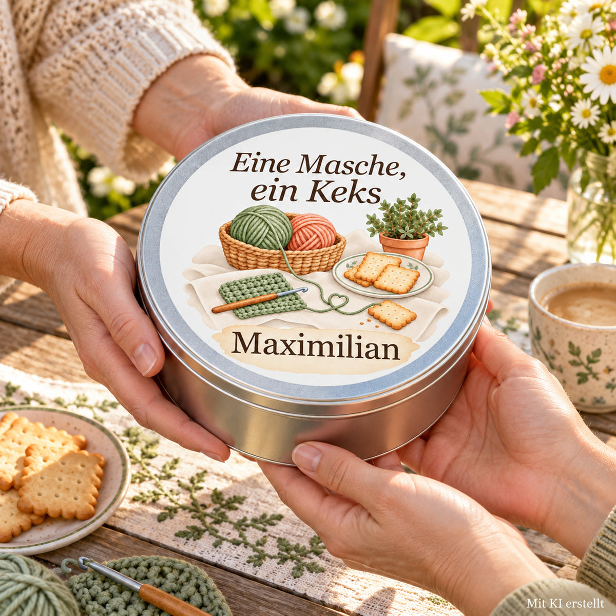 Erwachsene Hände halten die Keksdose mit Häkelmotiv und Namensfeld; Hinweis „Mit KI erstellt“.