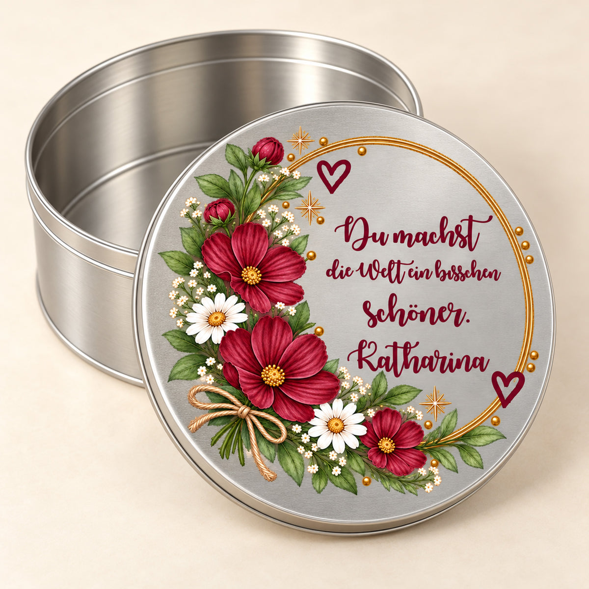 Geöffnete leere Keksdose mit passendem bedrucktem Deckel – Motiv „Welt schöner“