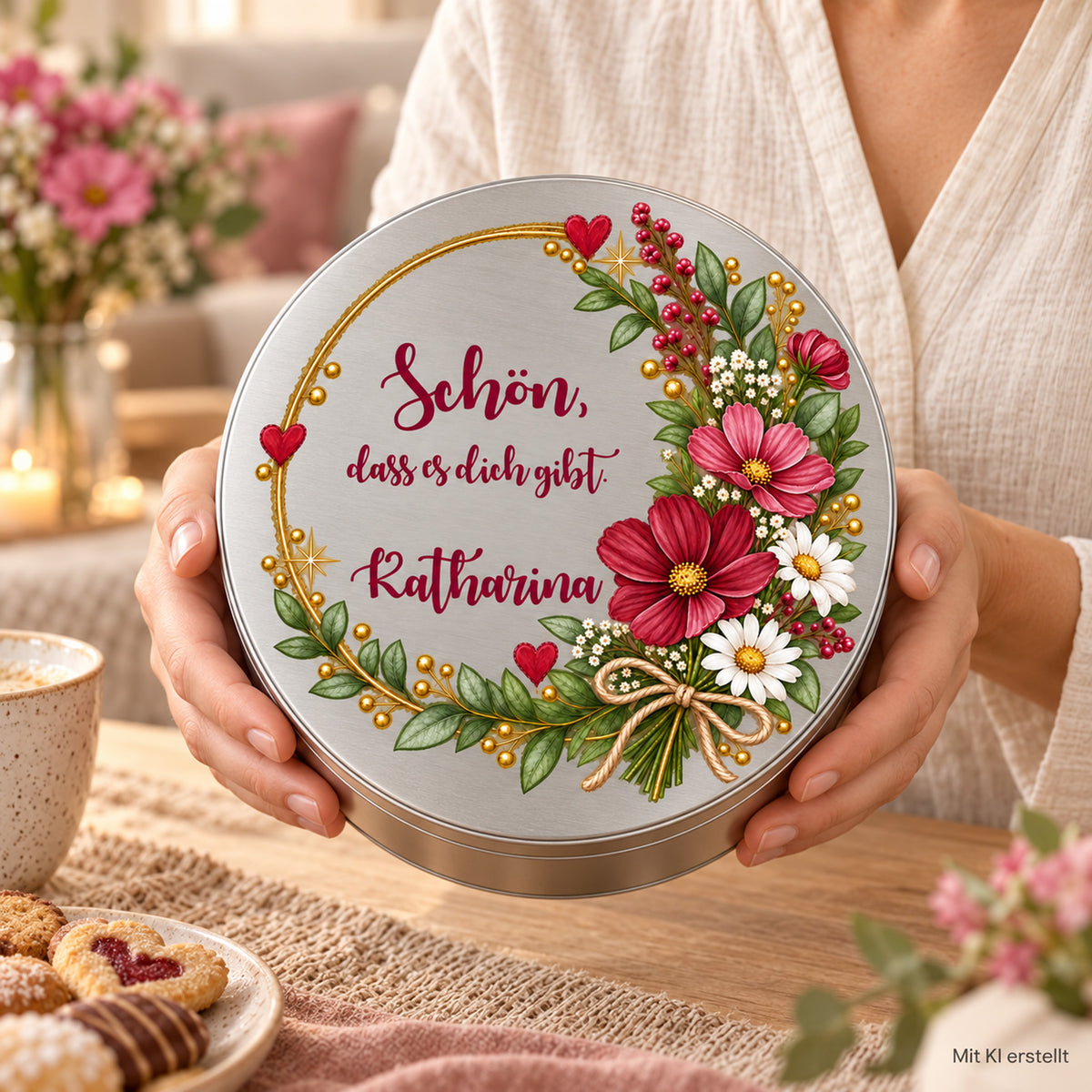 Hände halten die personalisierte silberne Blumen-Keksdose – Motiv „Schön, dass es dich gibt“