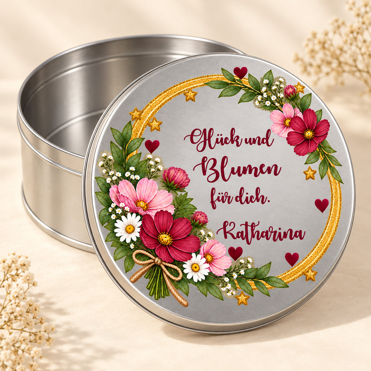 Geöffnete leere Keksdose mit passendem bedrucktem Deckel – Motiv „Glück und Blumen“