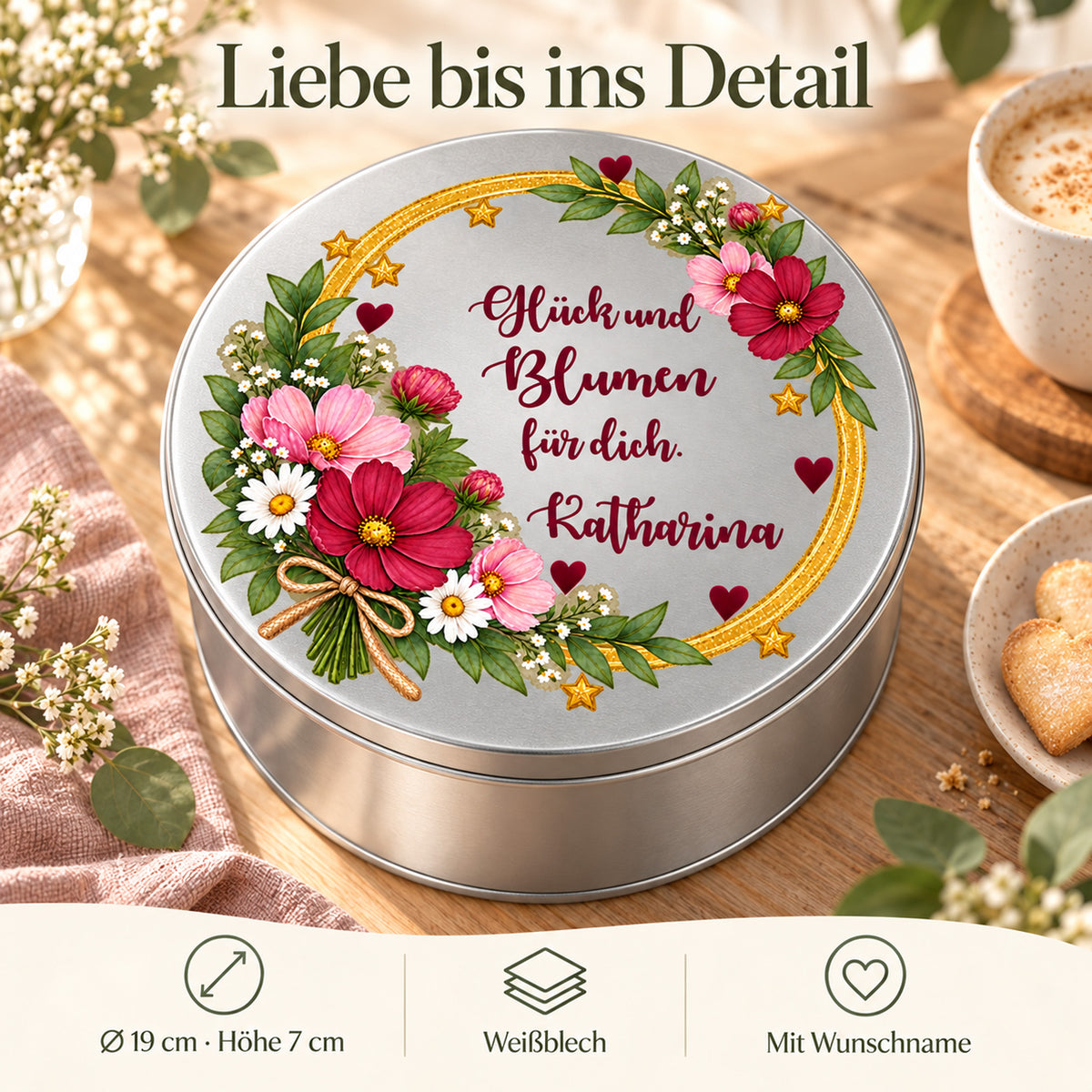 Blumen-Keksdose mit Angaben zu Durchmesser, Höhe, Weißblech und Wunschname – Motiv „Glück und Blumen“