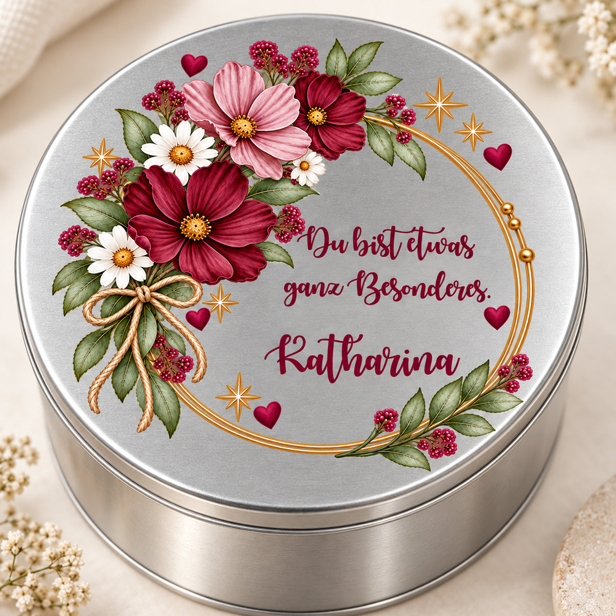 Nahansicht des bedruckten Deckels mit Blumen, Spruch und Name – Motiv „Ganz Besonderes“