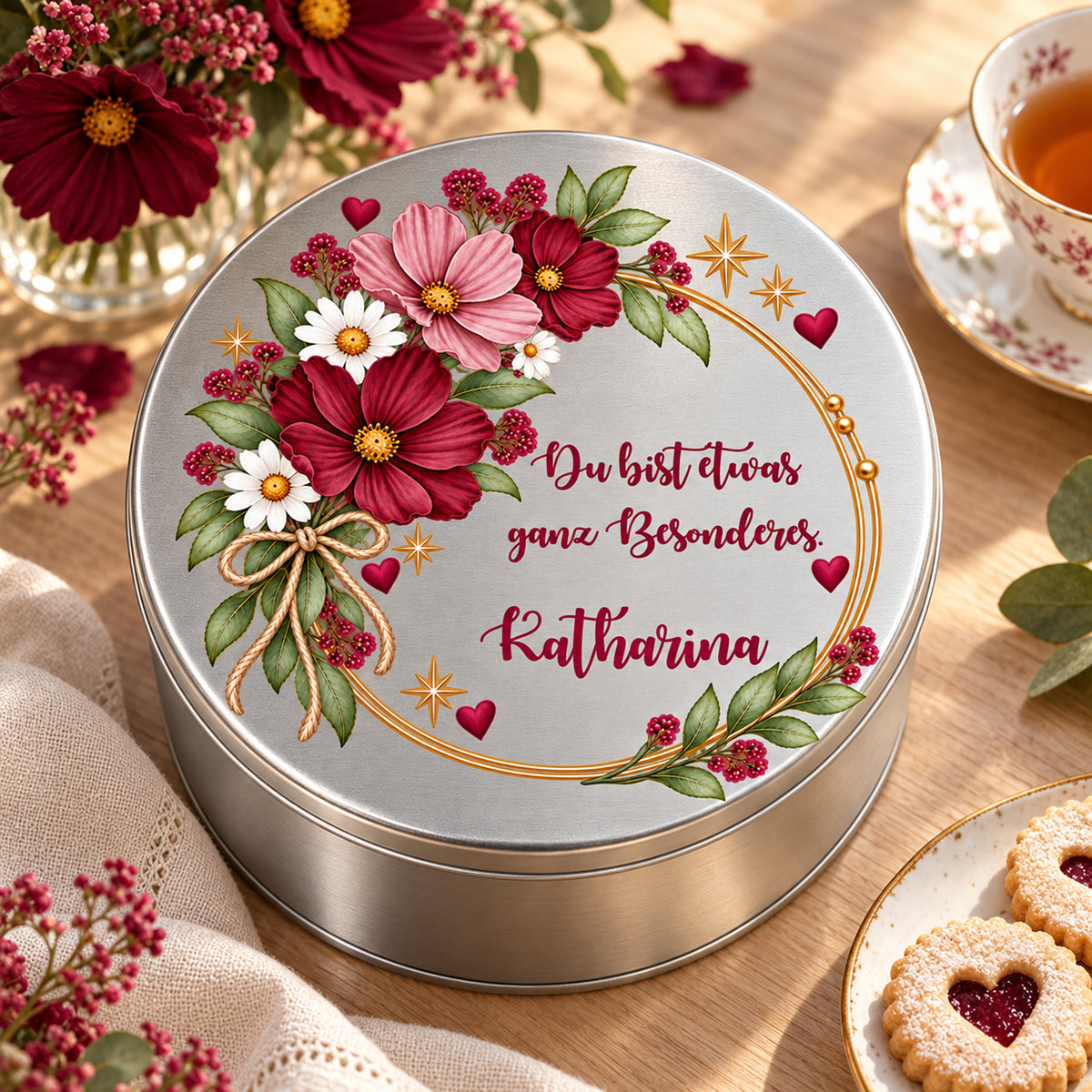 Blumen-Keksdose neben Tee, Keksen und Blumen auf einem Holztisch – Motiv „Ganz Besonderes“