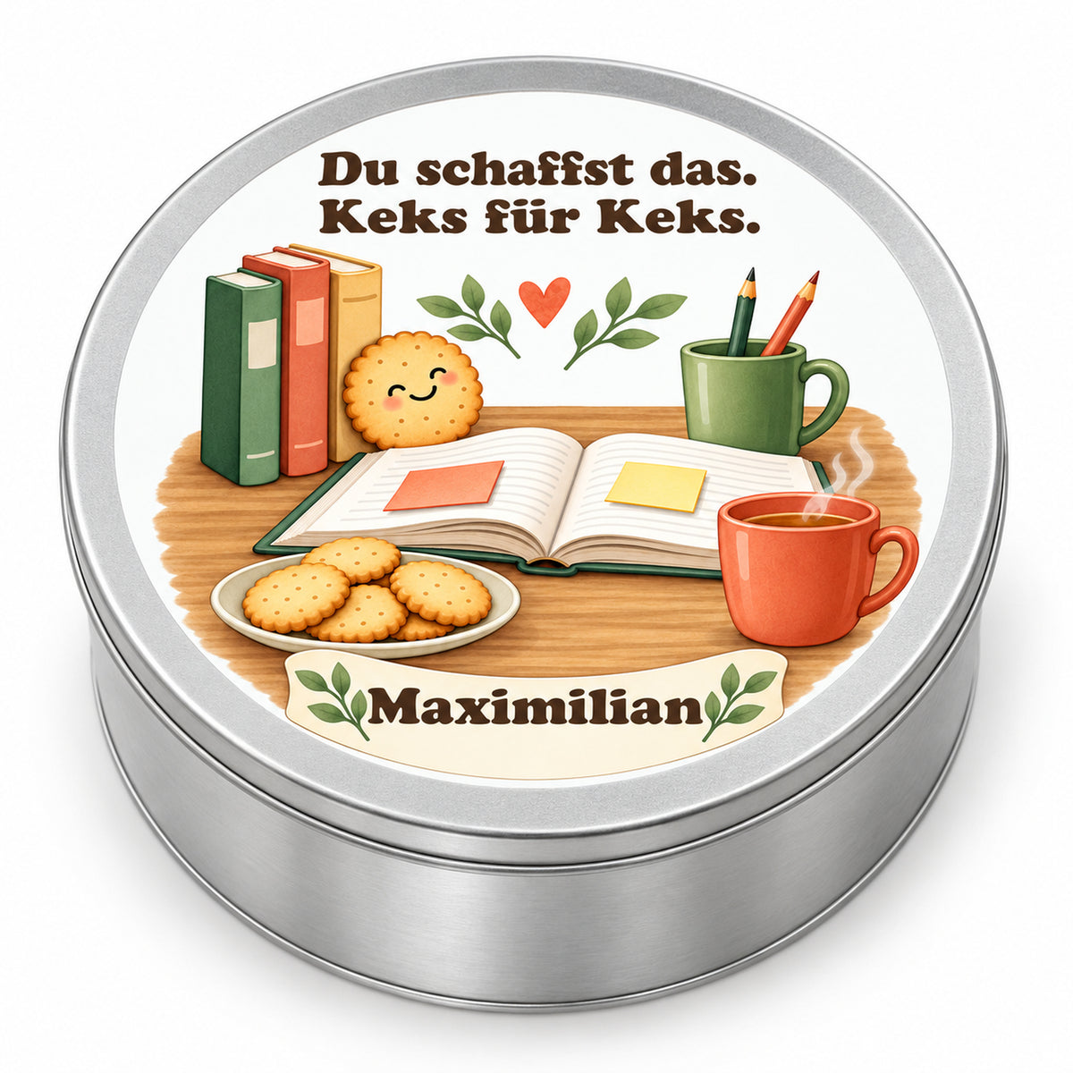 Personalisierte Keksdose Lernbegleiter mit Lernmotiv und Motivationsspruch auf weißem Hintergrund