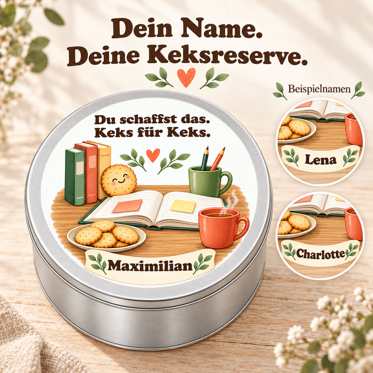 Namenspersonalisierung auf dem Deckel der Keksdose Lernbegleiter mit verschiedenen Beispielnamen