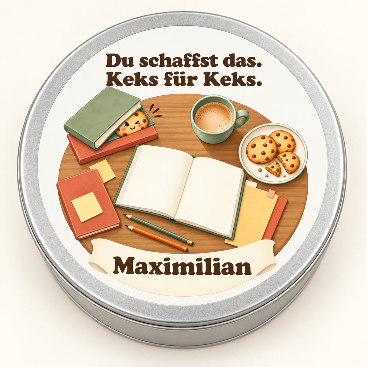 Draufsicht auf die Keksdose mit Lernmotiv aus Notizbuch, Stiften, Büchern und frechem Keks
