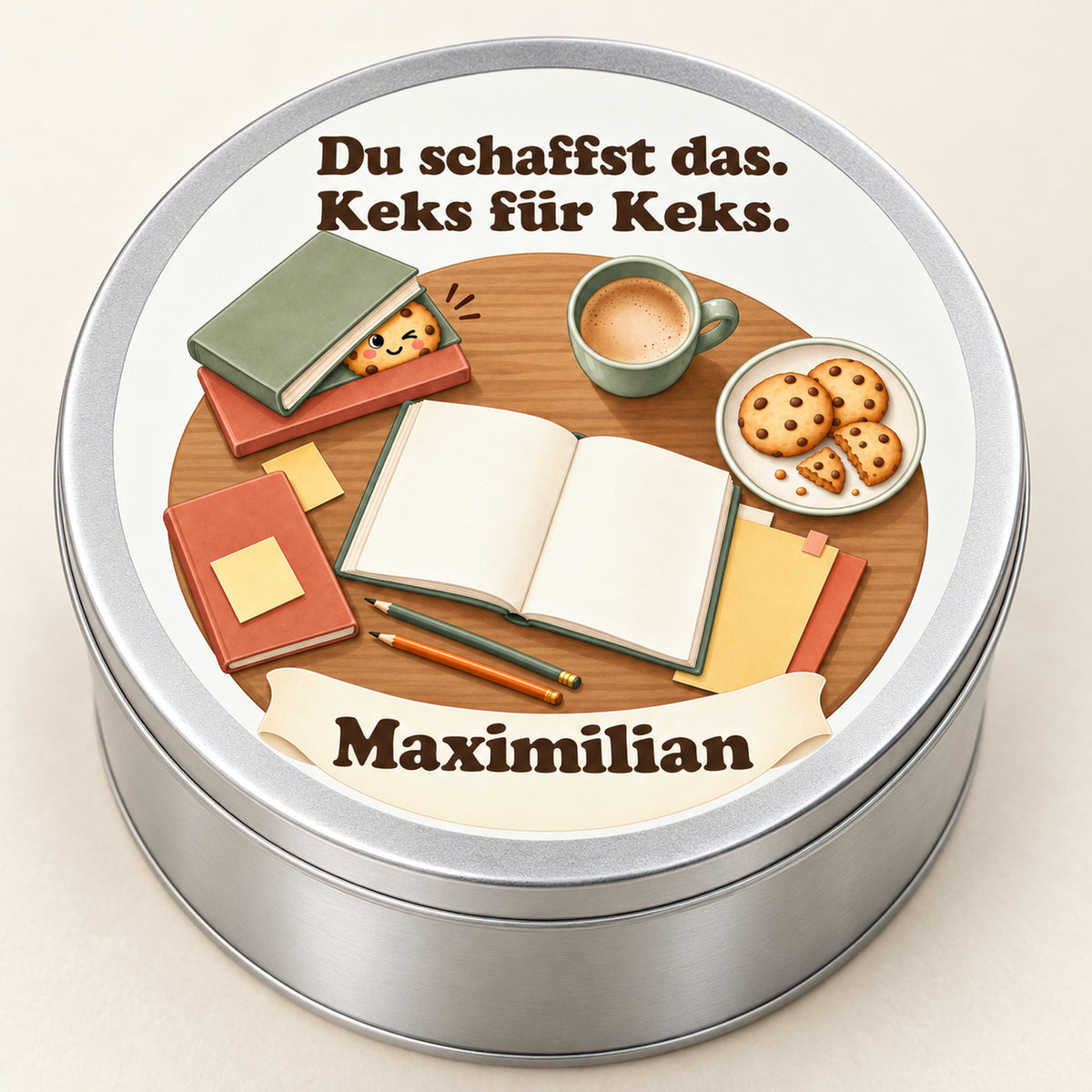 Nahansicht des bedruckten Deckels mit Lernmotiv, Wunschname und dem Spruch Du schaffst das. Keks für Keks.