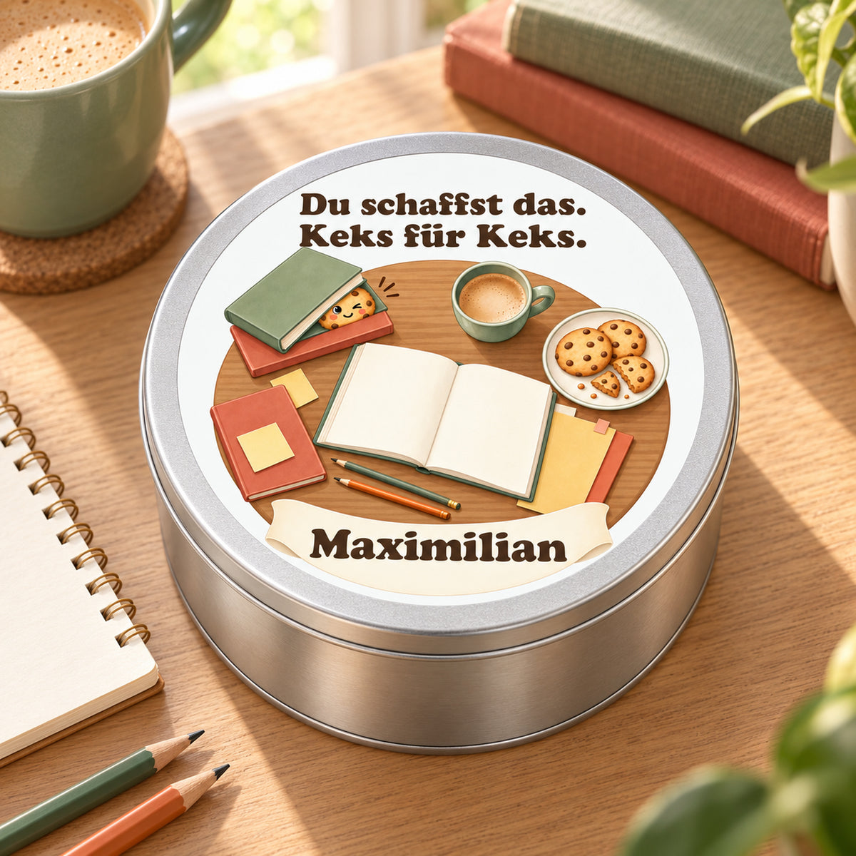 Personalisierte Keksdose Lernplan von oben auf einem warm gestalteten Lerntisch mit Büchern und Schreibwaren