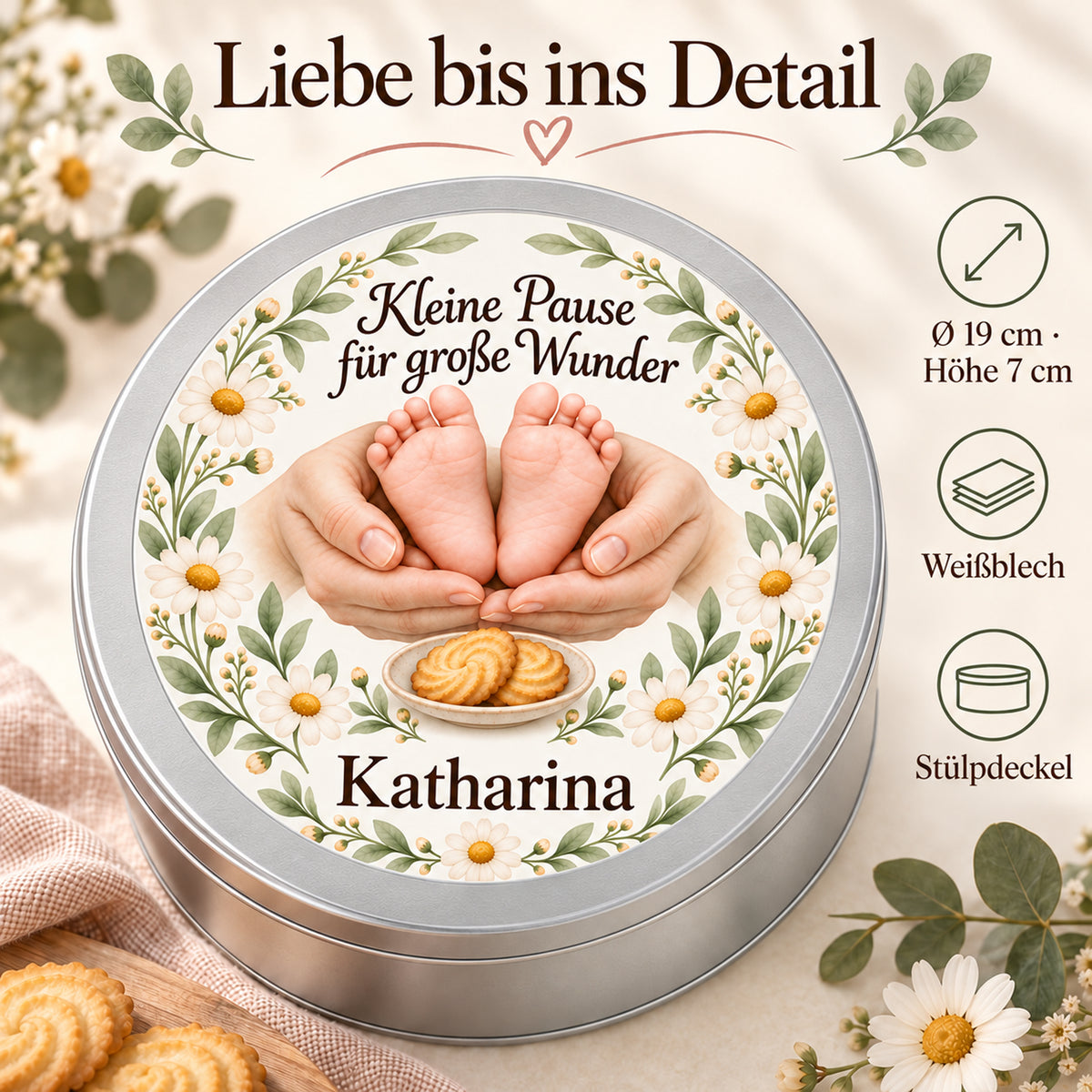Keksdose im Motiv Kamillenkranz mit Angaben zu Durchmesser, Höhe, Weißblech und Stülpdeckel