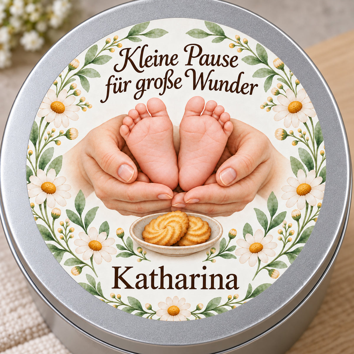 Detail des floralen Kamillenkranz-Deckeldrucks mit Babyfüßen und Namensschrift