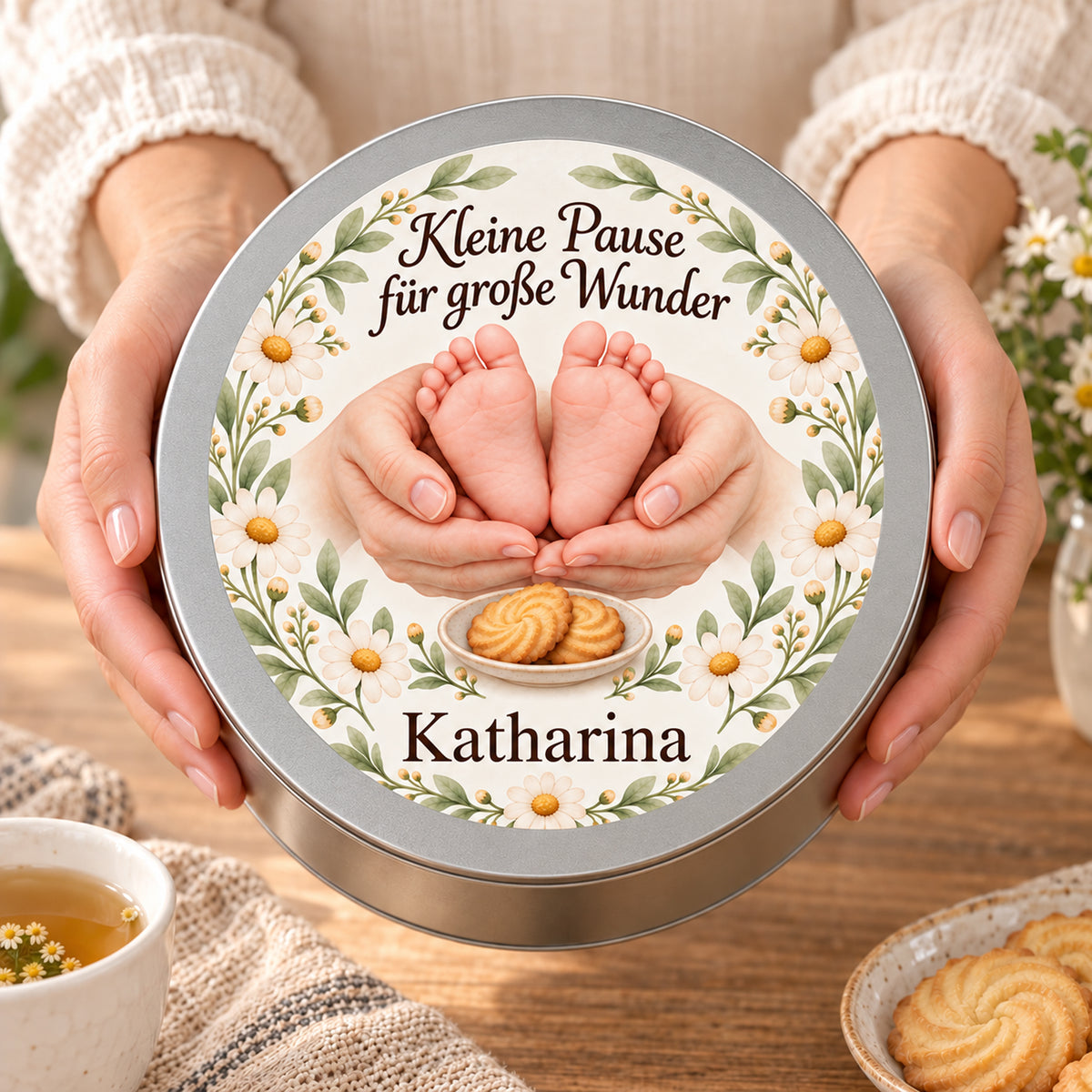 Hände halten die personalisierte Keksdose mit dem floralen Hebammenmotiv Kamillenkranz