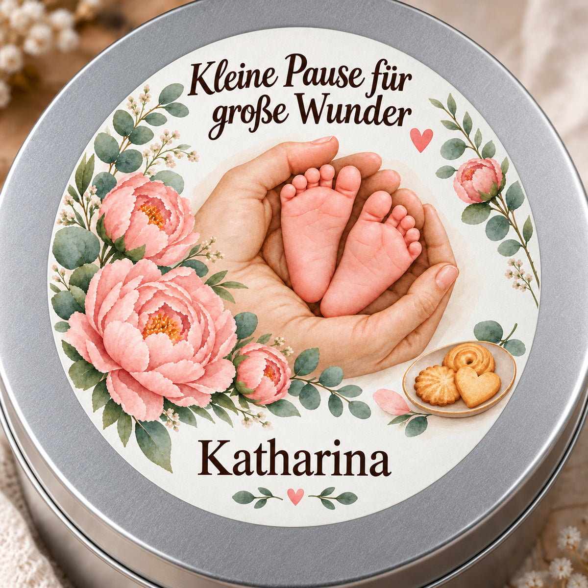 Detail des floralen Pfingstrosenbogen-Deckeldrucks mit Babyfüßen und Namensschrift