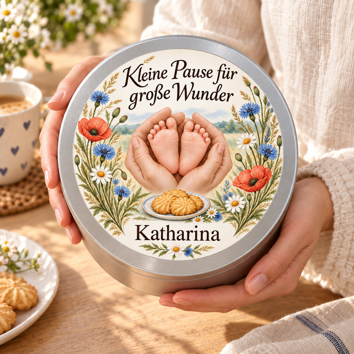 Hände halten die personalisierte Keksdose mit dem floralen Hebammenmotiv Wiesenblüten