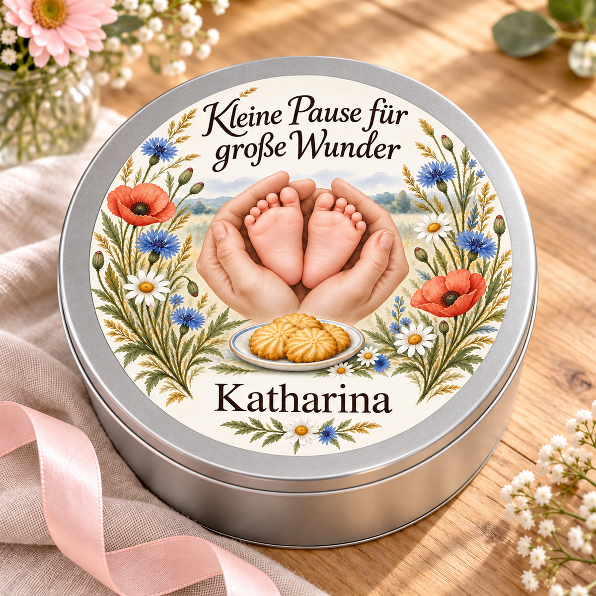 Personalisierte Keksdose mit Wiesenblüten-Motiv als Dankeschön-Geschenk in warmer Umgebung