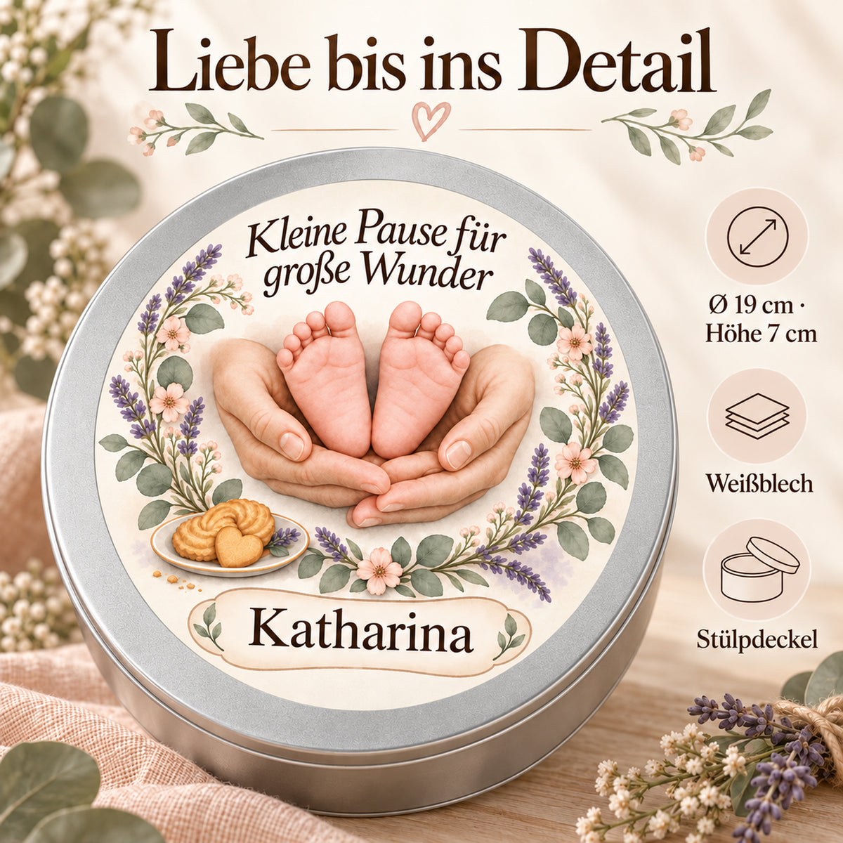 Keksdose im Motiv Lavendelherz mit Angaben zu Durchmesser, Höhe, Weißblech und Stülpdeckel