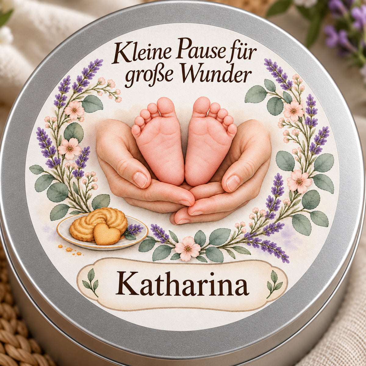 Detail des floralen Lavendelherz-Deckeldrucks mit Babyfüßen und Namensschrift