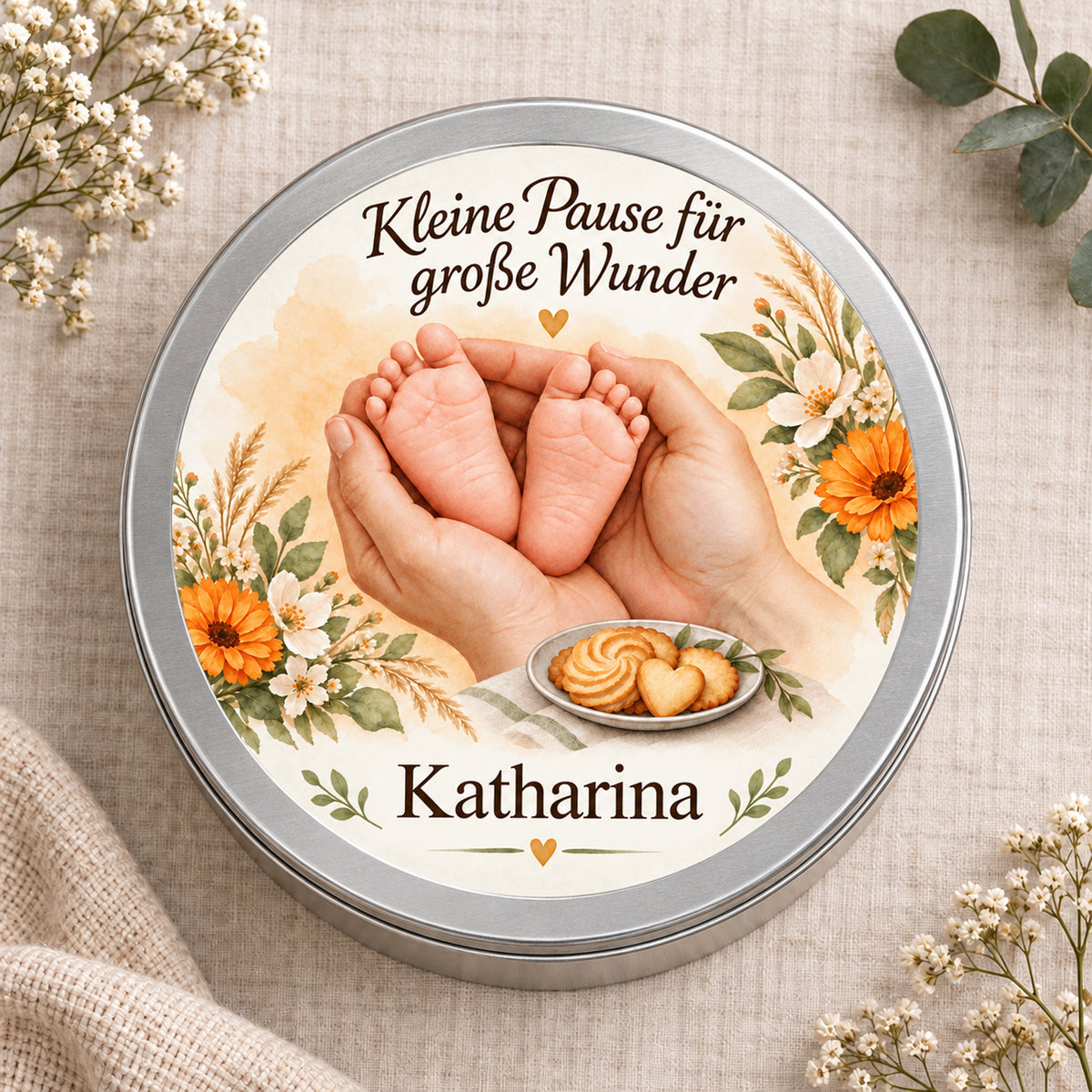 Draufsicht auf die Keksdose mit Babyfüßen, Blumen und Wunschname im Motiv Goldene Blütenruhe