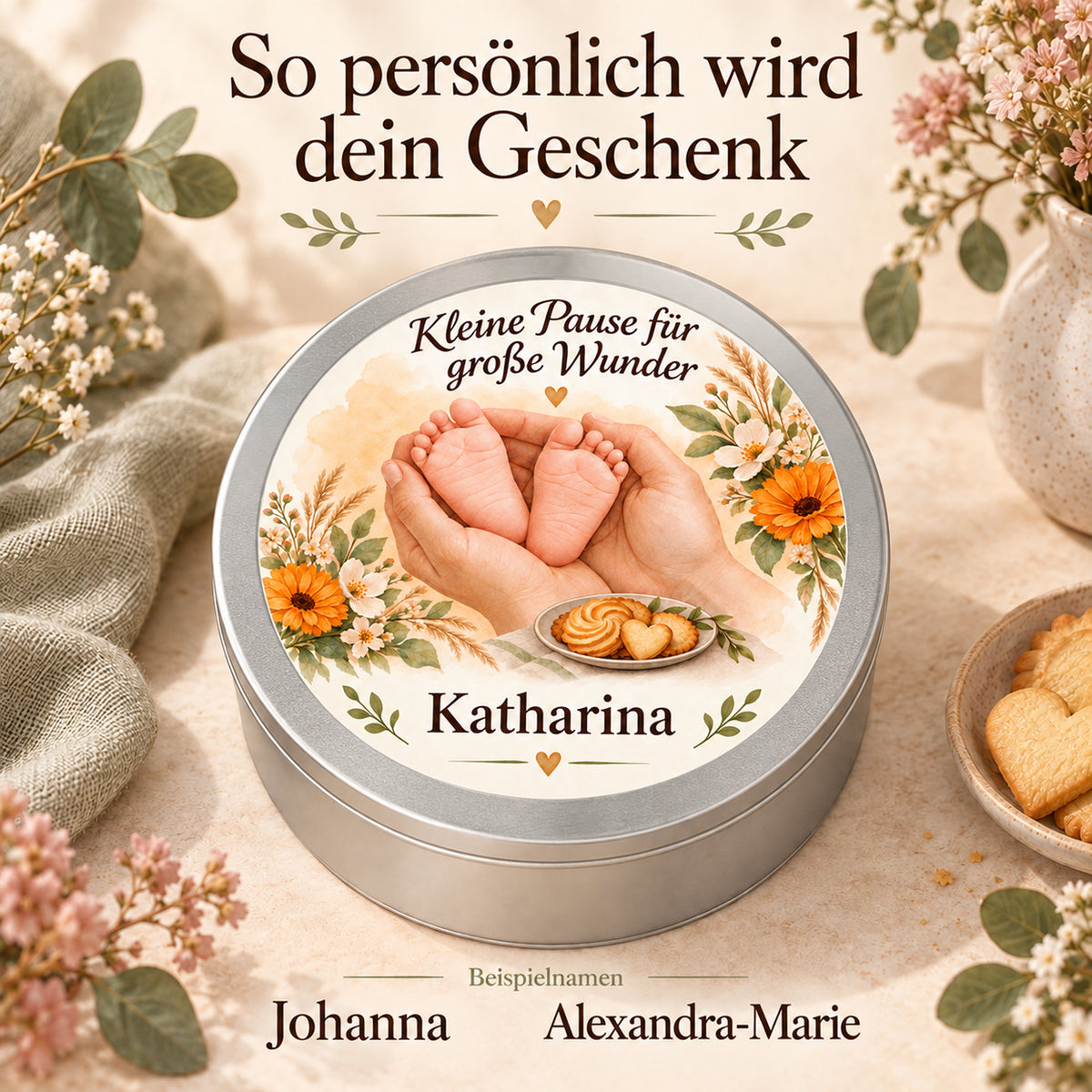 Eine Keksdose mit Goldene Blütenruhe-Motiv und Wunschname neben zwei flachen Textbeispielen für Namen