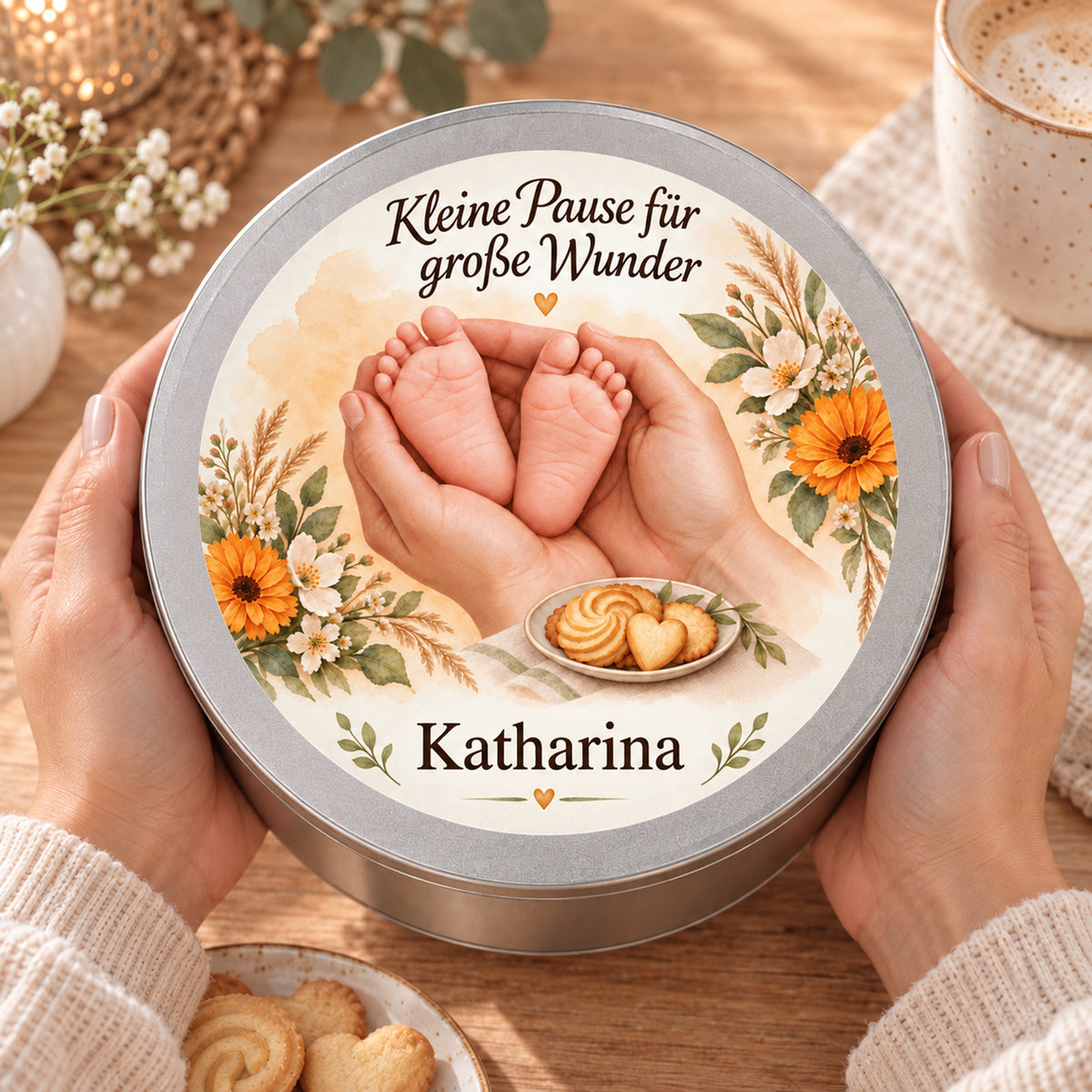 Hände halten die personalisierte Keksdose mit dem floralen Hebammenmotiv Goldene Blütenruhe