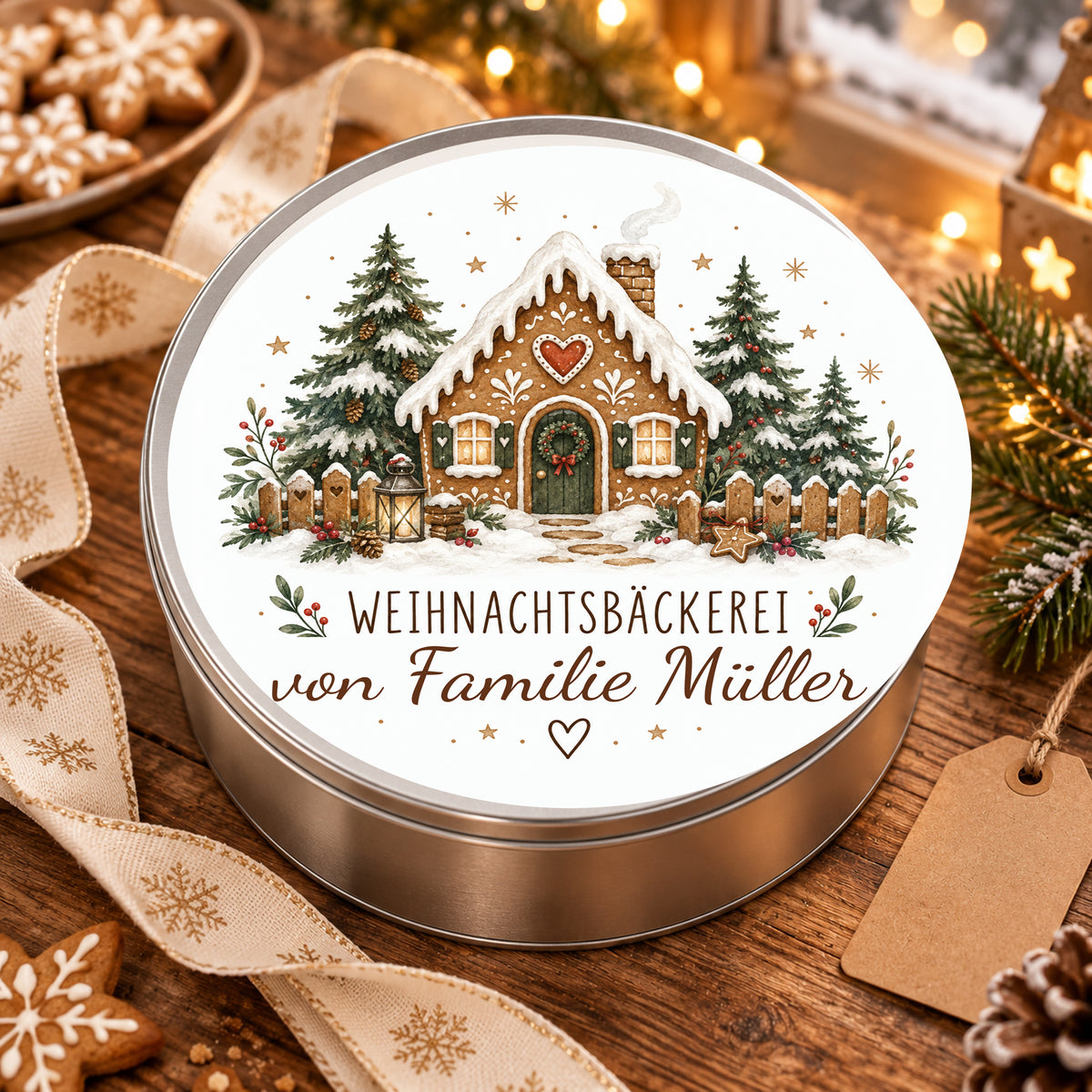Personalisierte Keksdose Waldhäuschen als weihnachtliche Geschenkidee mit Gebäck und Dekoration.