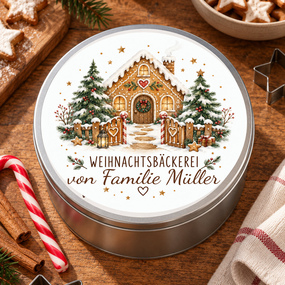 Keksdose mit Motiv Zuckerstangentor in einer weihnachtlichen Backszene mit Gebäck.