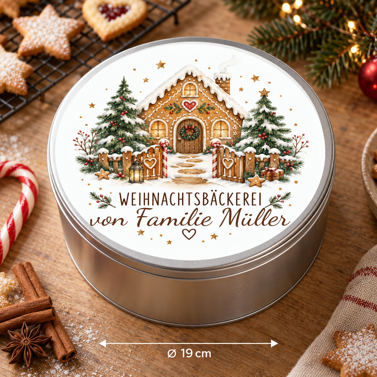 Personalisierte Keksdose Zuckerstangentor mit Größenangaben: 19 cm Durchmesser und 7 cm Höhe.