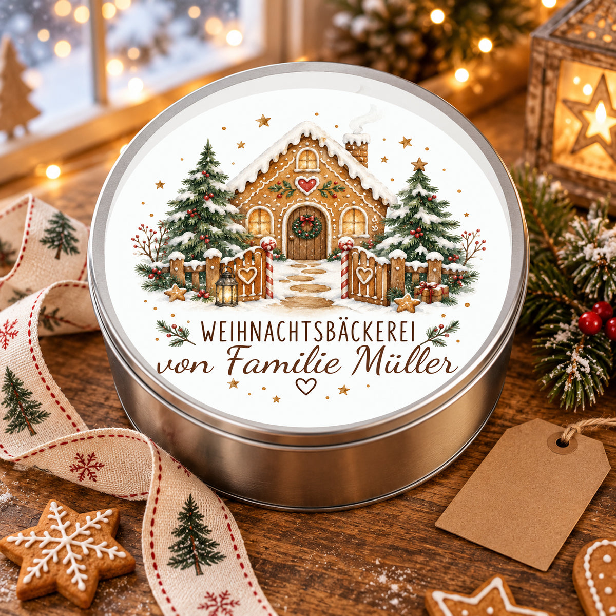 Personalisierte Keksdose Zuckerstangentor als weihnachtliche Geschenkidee mit Gebäck und Dekoration.